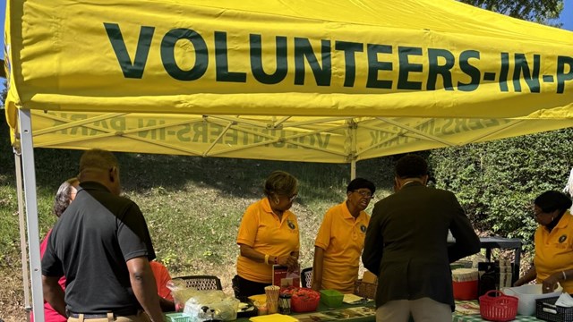 Volunteers under a tent assisting visitors at the George Washington Carver Museum reopening. 
