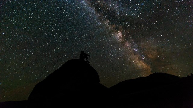 Silhouette of a stargazer lit up by the night sky.