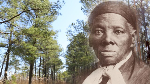 Photograph of Harriet Tubman floats above an image of Maryland's Eastern Shore.