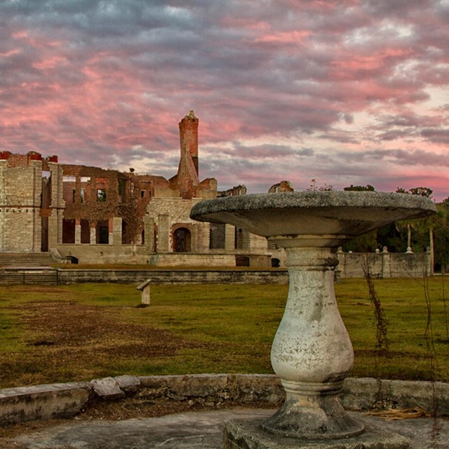 Ruins of an old plantation home at Sunset