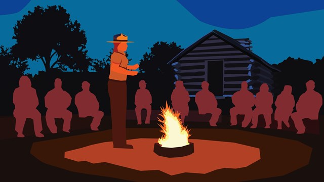 Park ranger wearing a ranger hat stands next to a fire. Silhouetted people sit on benches.