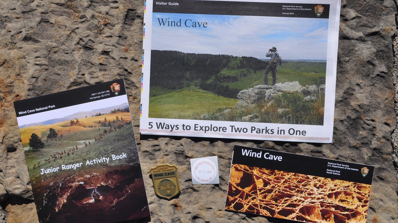 a park brochure, newspaper, junior ranger badge and book, and park stamp against a stone