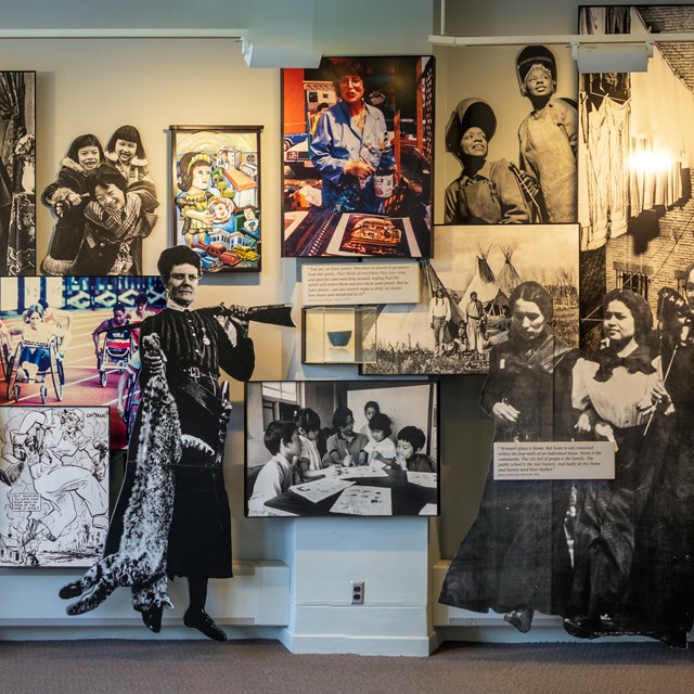 The first-floor exhibit at the Visitors Center, showing a collage of exceptional women.