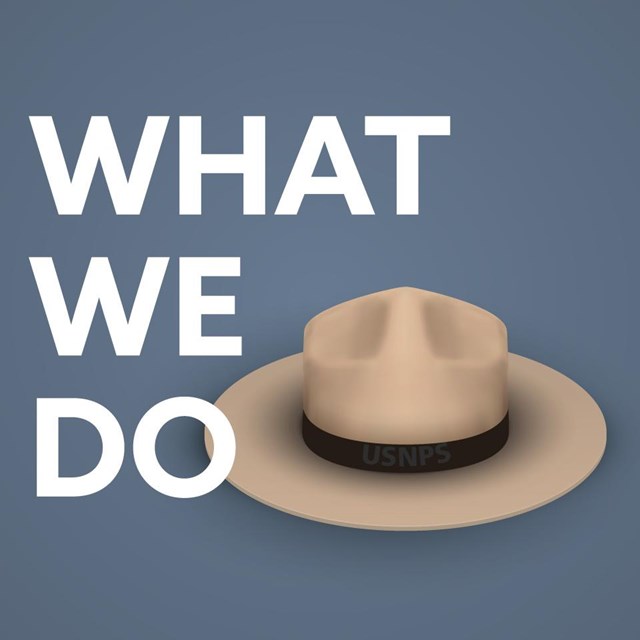 A graphic of a flat ranger hat on a blue background beside the words: What We Do.