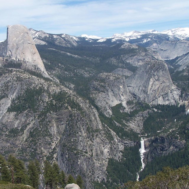 View of Half Dome, Vernal and Nevada Falls and beyond from Glacier Point