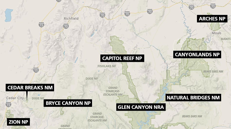 Map of national parks in southern part of Utah