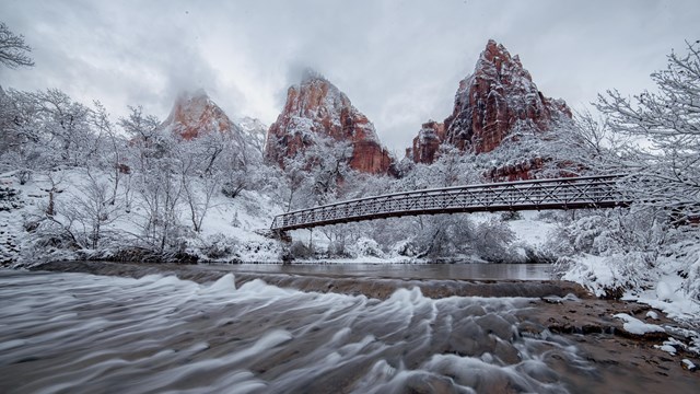 A bridge with trees and sandstone cliffs covered in snow.