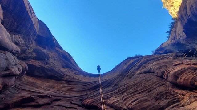 A canyoneer rappelling down a vertical wall with ropes, harnesses, and other safety equipment.