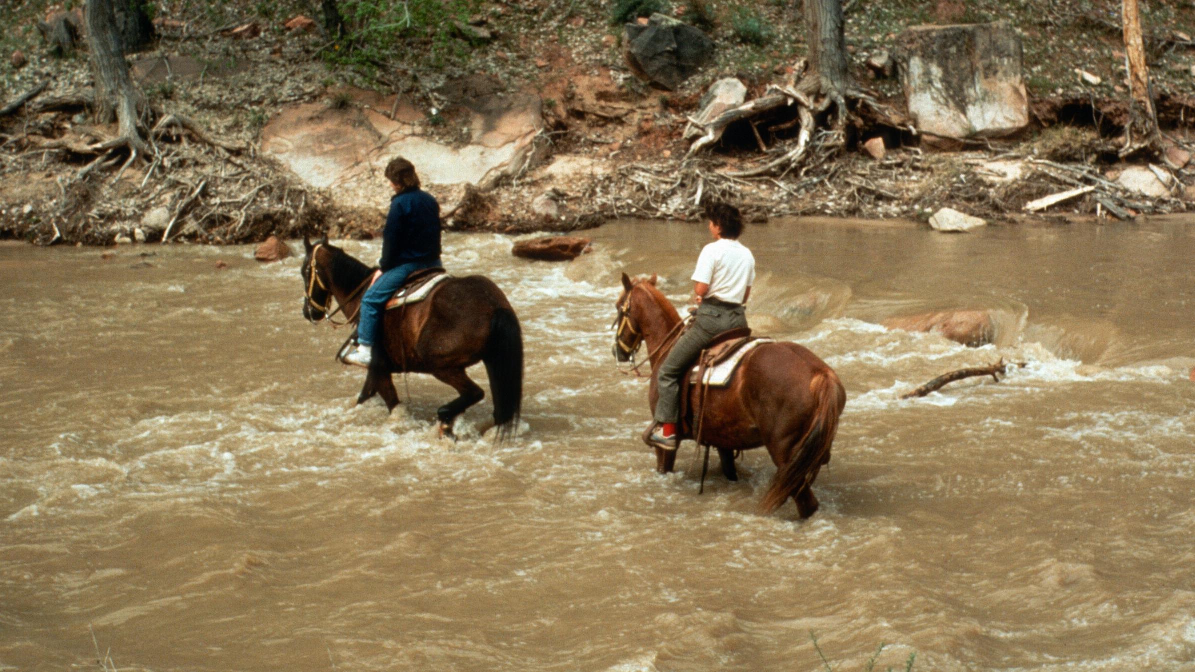 Two horses, with riders, cross a river.