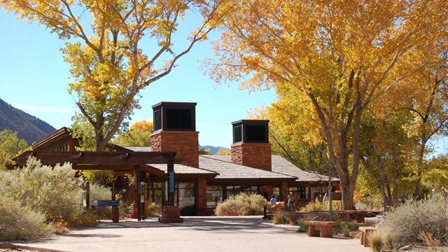 The Zion Canyon Visitor Center, surrounded by yellow cottonwood trees.