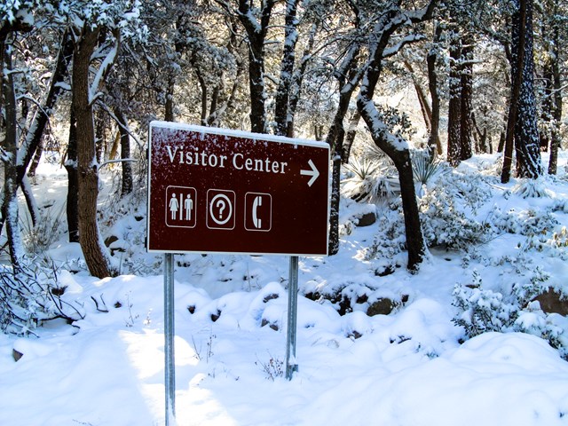 snow on trees and road with sign that says visitor center 
