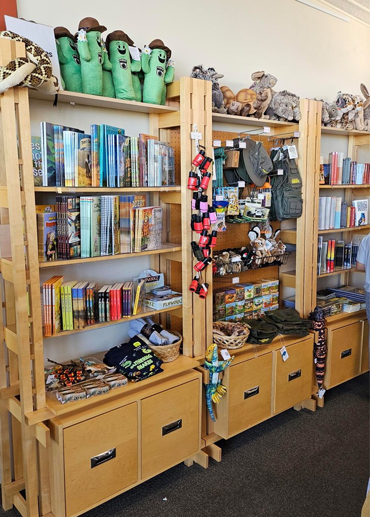 Looking at a tall wall full of merchandise. The top of the wall has two bright colored bike jerseys sandwiching a poster of park images. The shelves below that are full of toys, games, and kids' shirts. To the right is a stand with Jr. Ranger gear.