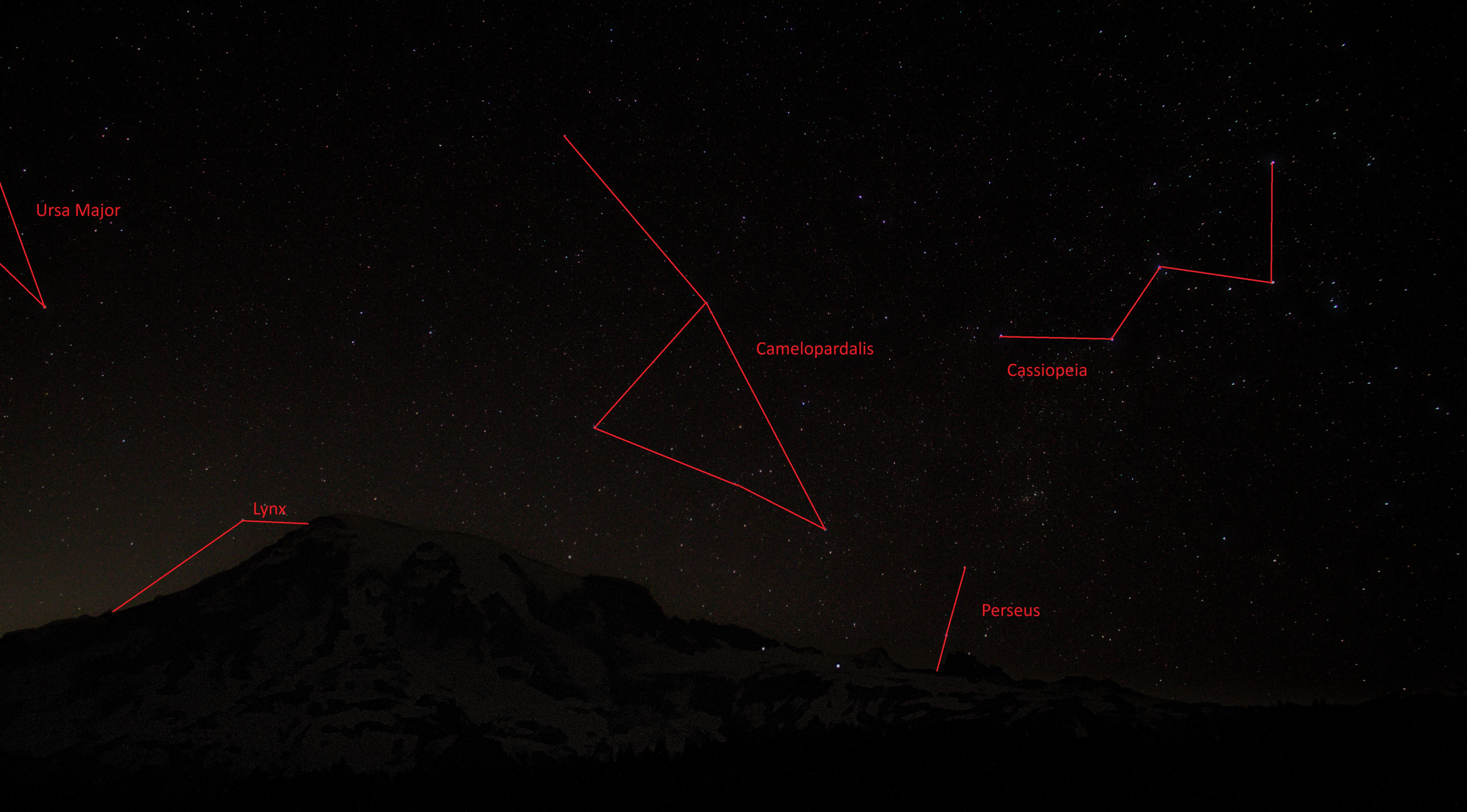 A starry sky above a large volcanic peak.