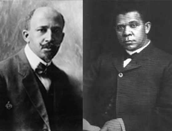 A black and white portrait of W.E.B. DuBois on the left and Booker T. Washington on the right.