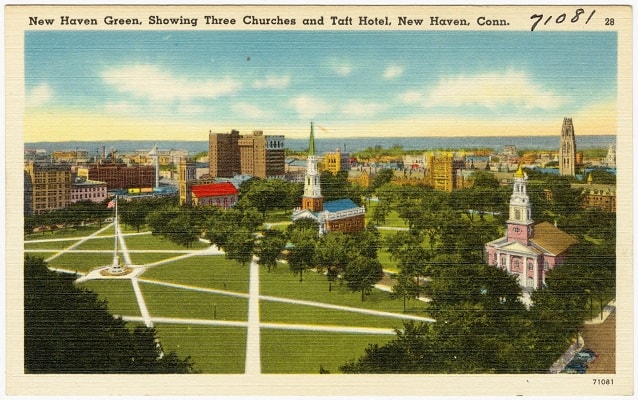 postcard areal view of the new haven green