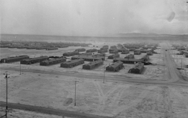 Birds-eye view of rectangular barracks in the Central Utah Relocation Center, circa 1943.