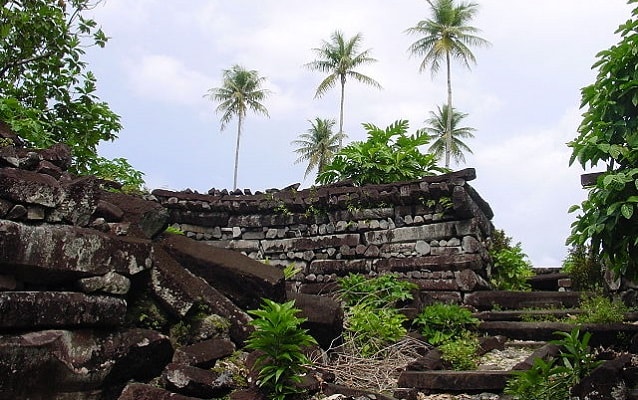 Tropical plants and palm trees growing over stone ruins. 