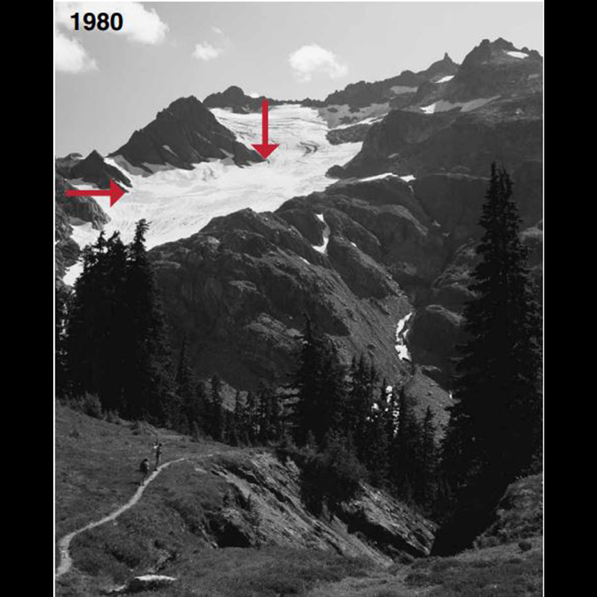A large mountain glacier labeled 1980 with red arrows indicating its edges.