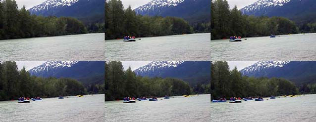 composite of six images of a river each showing more rafters on it