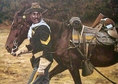 Painting of a buffalo soldier with a horse