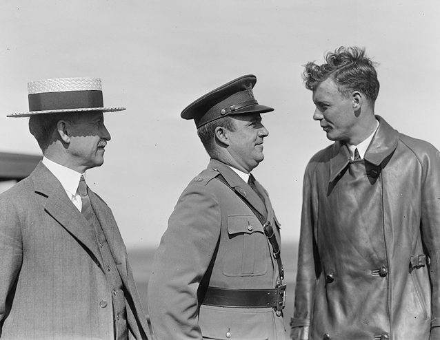 L to R- Orville Wright, Major John F. Curry, Colonel Charles Lindbergh- Dayton, 1927