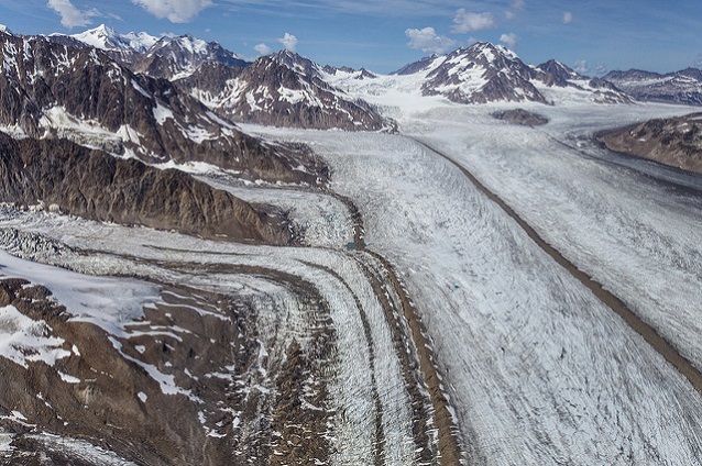 Medial moraines on the surface of several convergent glaciers (Wrangell-St. Elias National Park, AK)