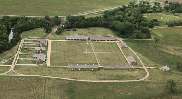 Aerial view of restored buildings at Fort Larned National Historical Site