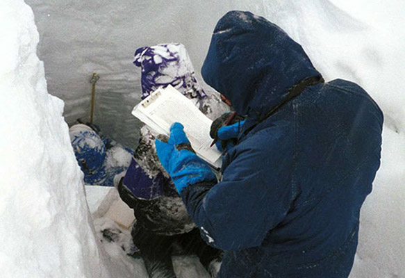 A scientist recording data in a snow pit. 
