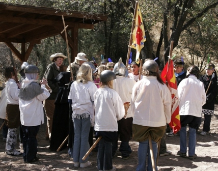 Students in costume experience the encounter between Coronado and the Zuni in the 4th grade education program.