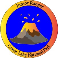 Junior Ranger virtual badge with volcano erupting.