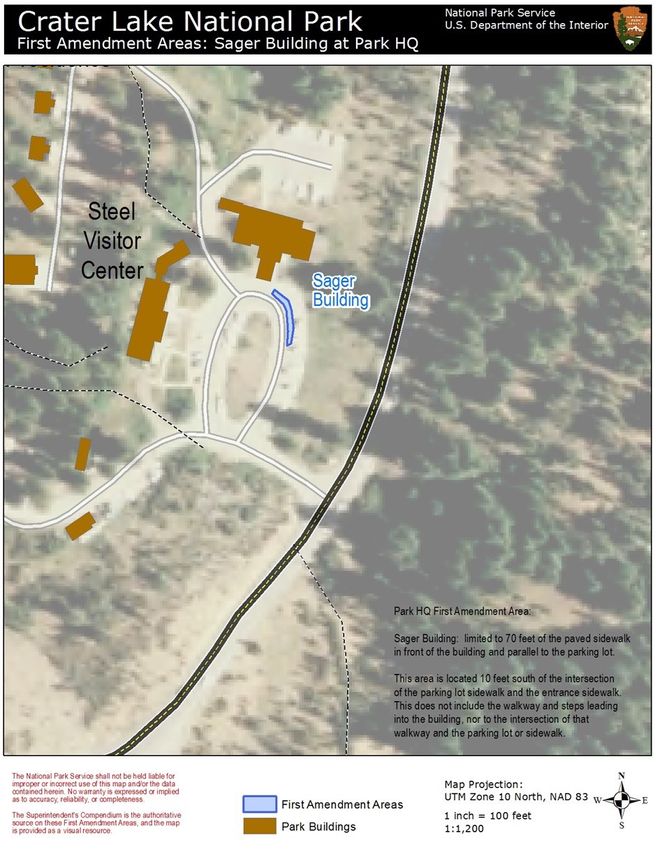 Map of park headquarters area. Munson Valley Road is black with broken yellow stripe. Secondary roads are white. Eight buildings are brown. An area in blue near Sager Building shows the First Admentment area. Related text in lower right corner.