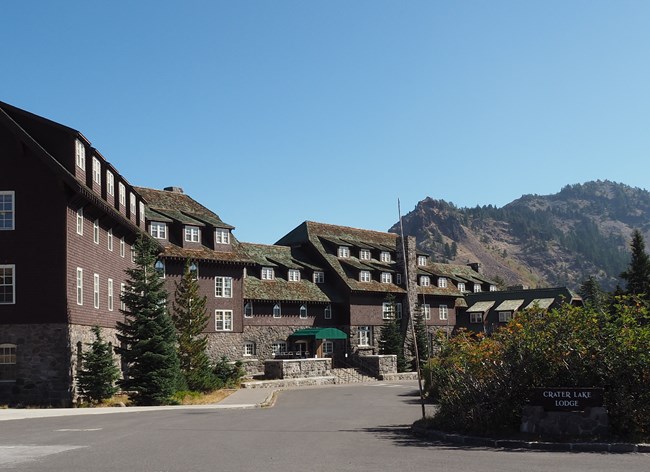 Crater lake Lodge rebuilt of refurbished and similar materials such as native stone, wood shingles, and wood siding