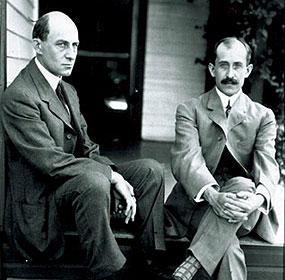 Wilbur and Orville Wright on porch at 7 Hawthorne Street.