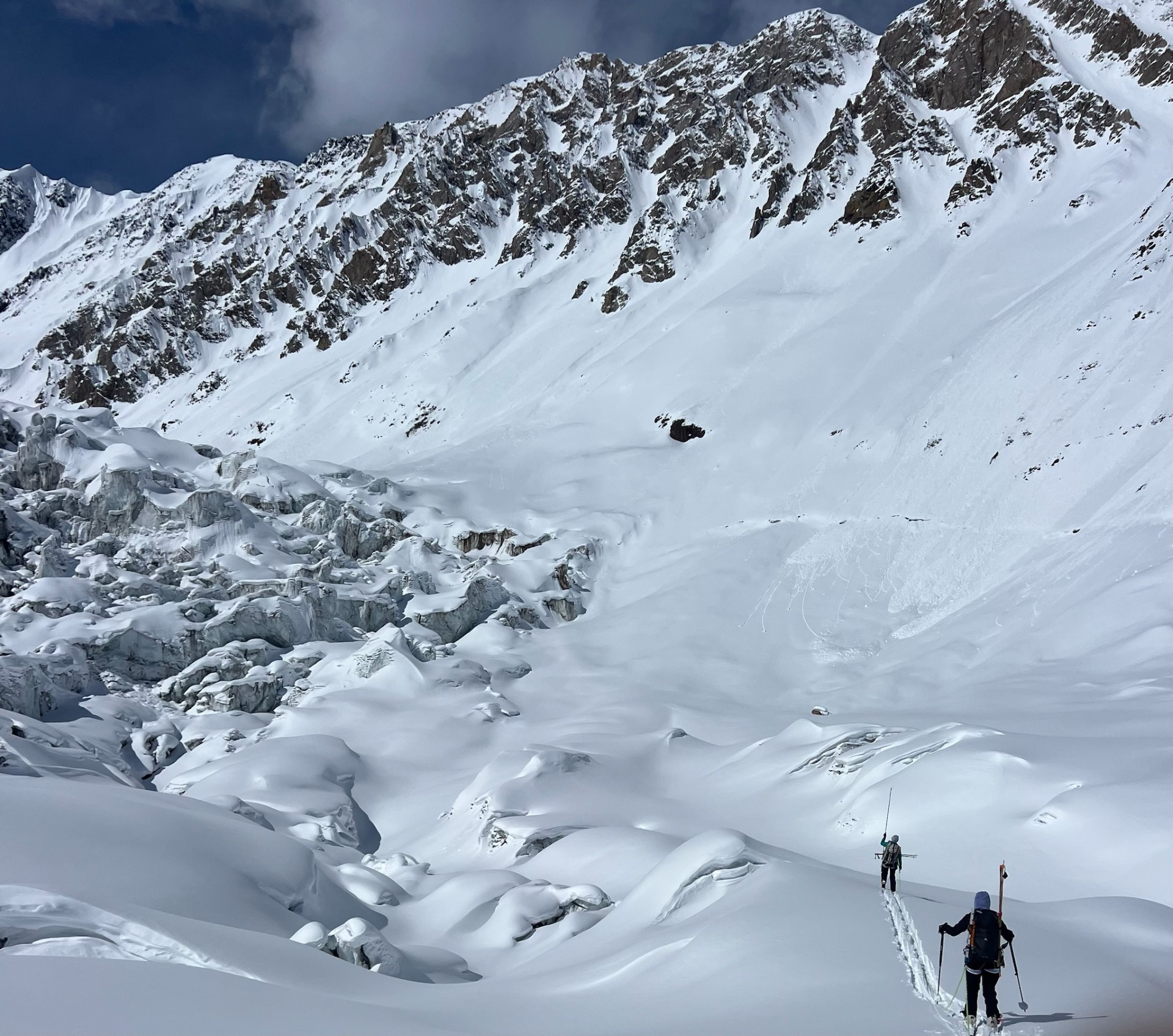 Descending past the Lower Icefall at 7,000'. The route has always bypassed the Icefall on climbers' right, but has become more challenging post-surge.