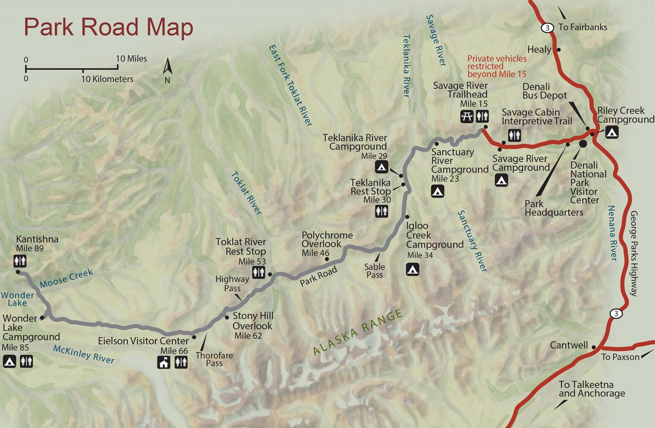 a map showing the predominantly east-west Denali Park Road and various landmarks along it