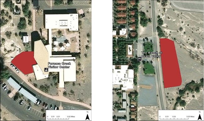Aerial view maps of the Furnace Creek Visitor Center area and the area just east of The Ranch, showing structures, roads, vegetation and a red highlighted area indicating demonstration locations.
