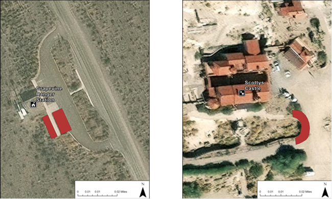 Aerial view maps of the Grapevine Ranger Station and Scotty's Castle areas, showing structures, roads, parking lots, vegetation and a red highlighted area indicating demonstration locations.