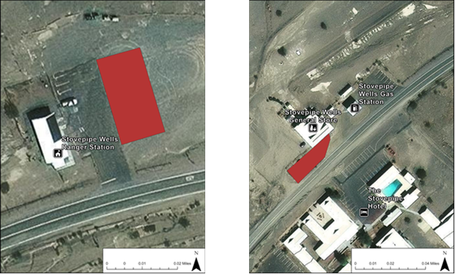 Aerial view maps of the area surrounding Stovepipe Wells Ranger Station and the general store and lodge, showing structures, roads, vegetation and red highlighted areas indicating demonstration locations.