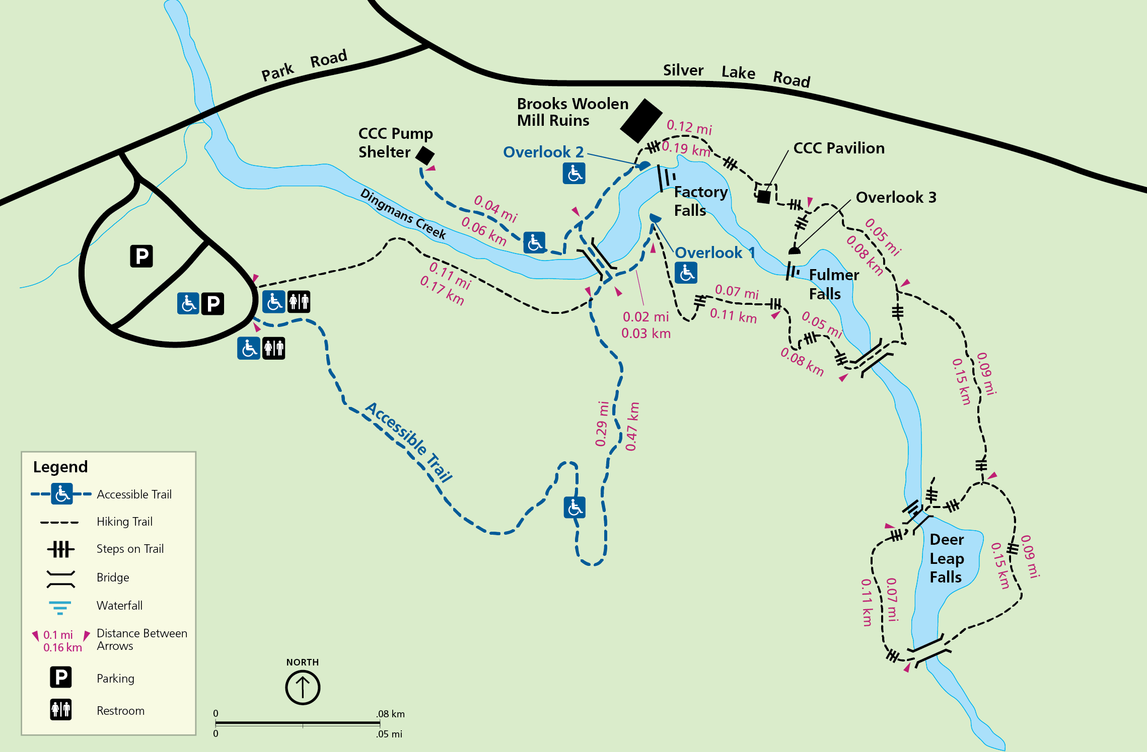 A map of George W. Childs Park Trail showing waterfalls, bridges, and more.