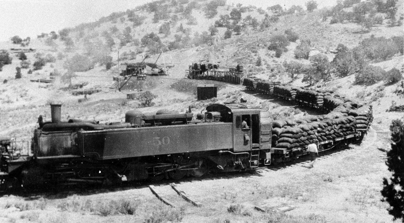 A black and white steam train curves around a bend.