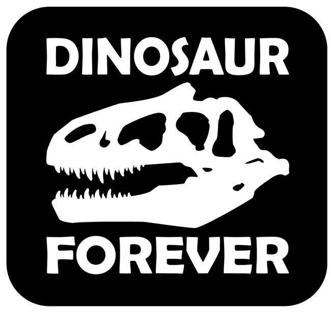 A black and white icon with an Allosaurus skull and the words Dinosaur Forever as a logo.