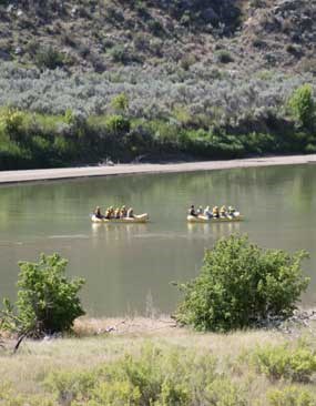 Two yellow rafts float down the Green River.