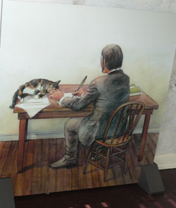 Drawing of Poe and cat at writing desk