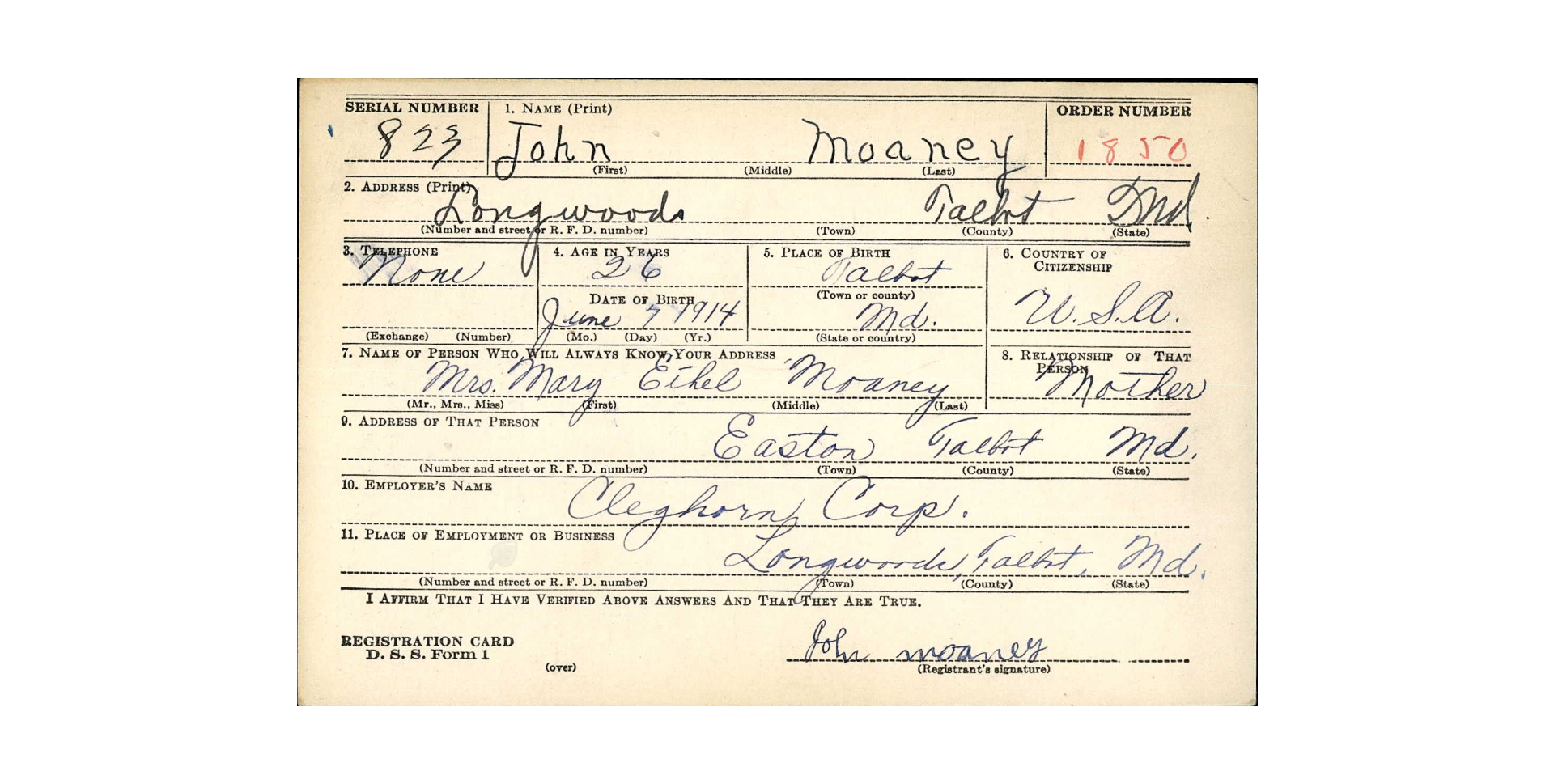 A faded yellow draft registration card of John Moaney lists some biographical information