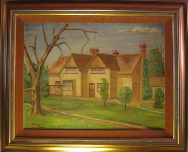 A painting by Eisenhower of Telegraph Cottage features green grass, blue skies, and a yellow two-story cottage with reddish brown roof. I tree without leaves stands to left of cottage in painting.