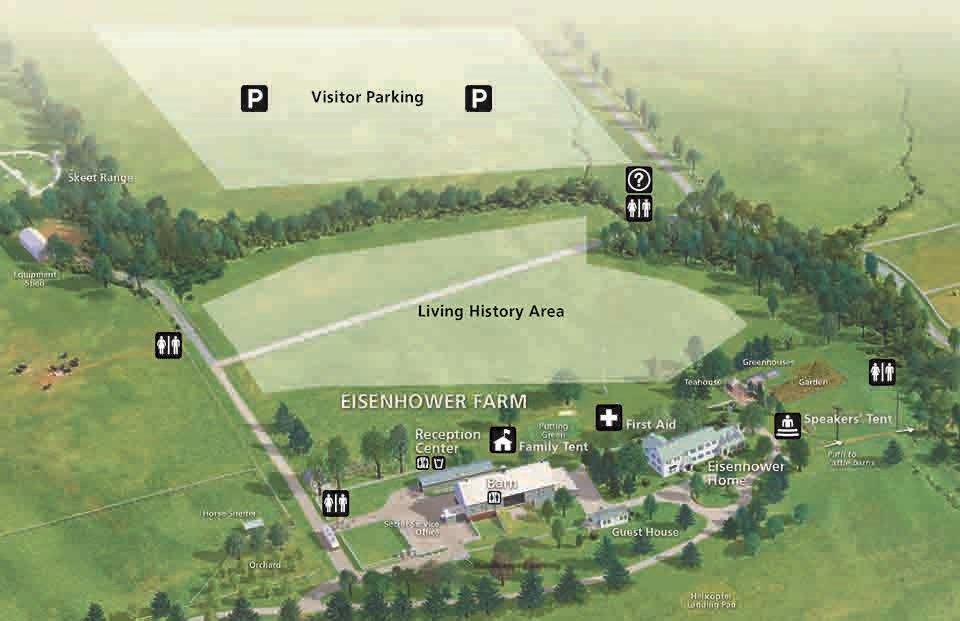 A map of the Eisenhower National Historic Site showing the areas where the living history camps and visitor parking is located.