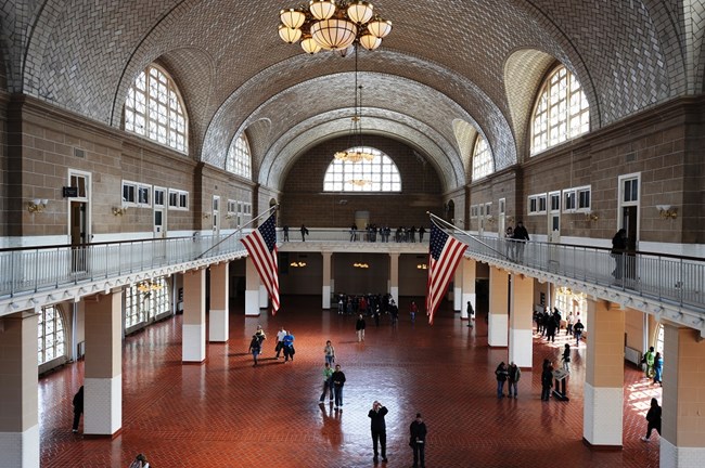 A view of the Great Hall on Ellis Island from the balcony