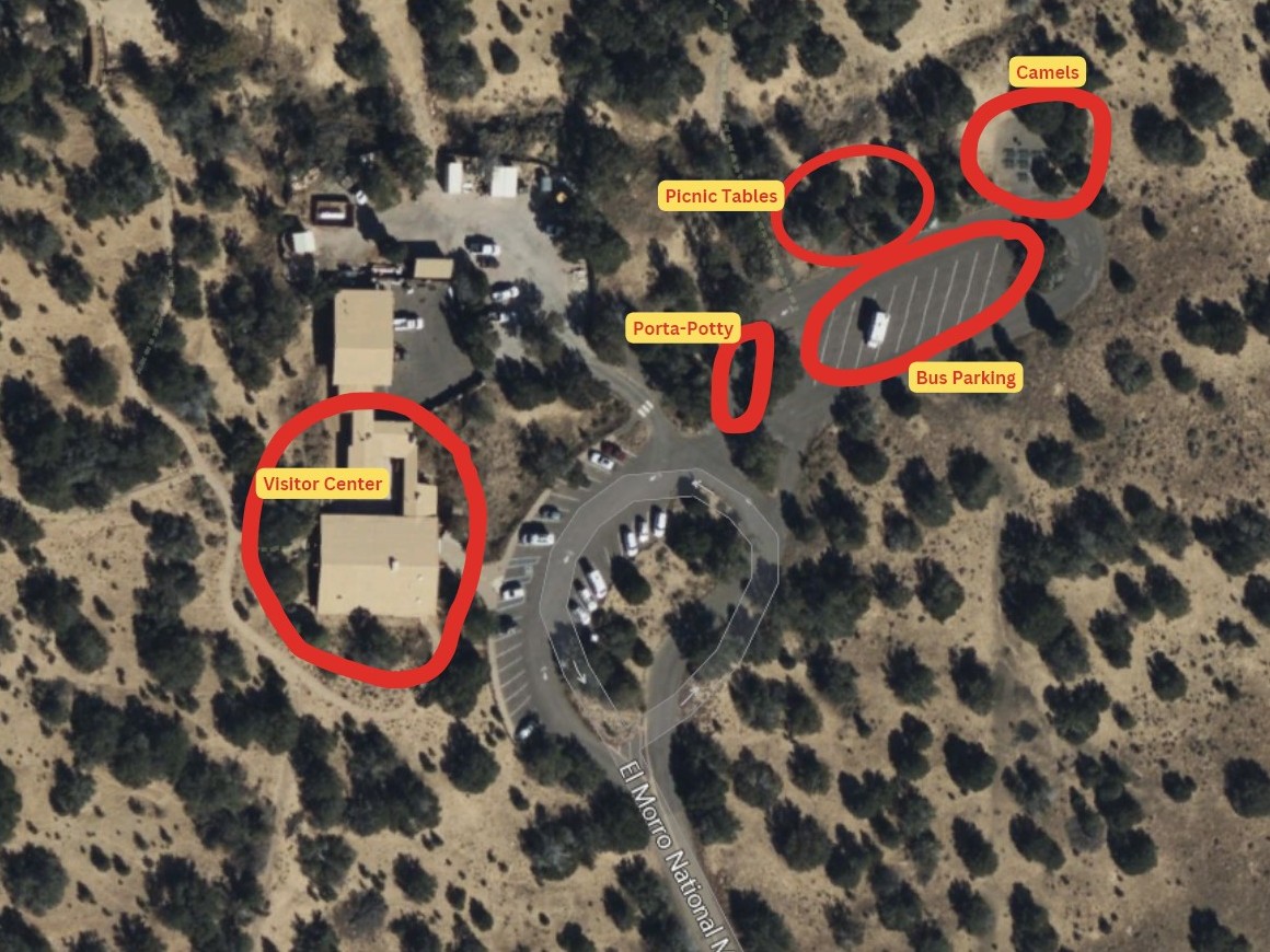 Aerial view of El Morro parking lot showing bus parking and event activities