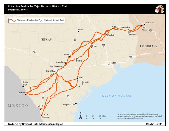 A map depicting a trail from Louisiana south through Texas into Mexico.