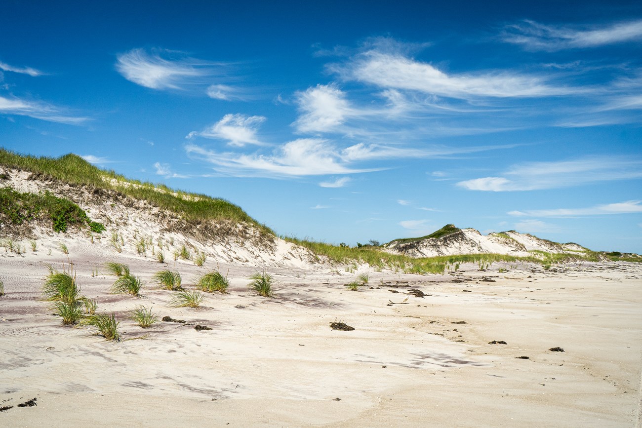 High sand dunes on an ocean beach.